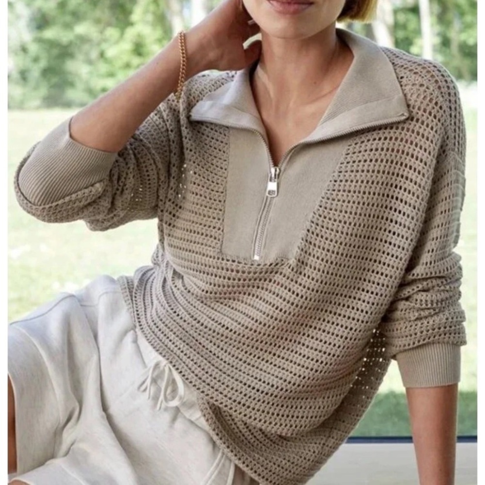 Varley Womens Billie Half Zip Knit Sweater Size L 100% Cotton Neutral Tan